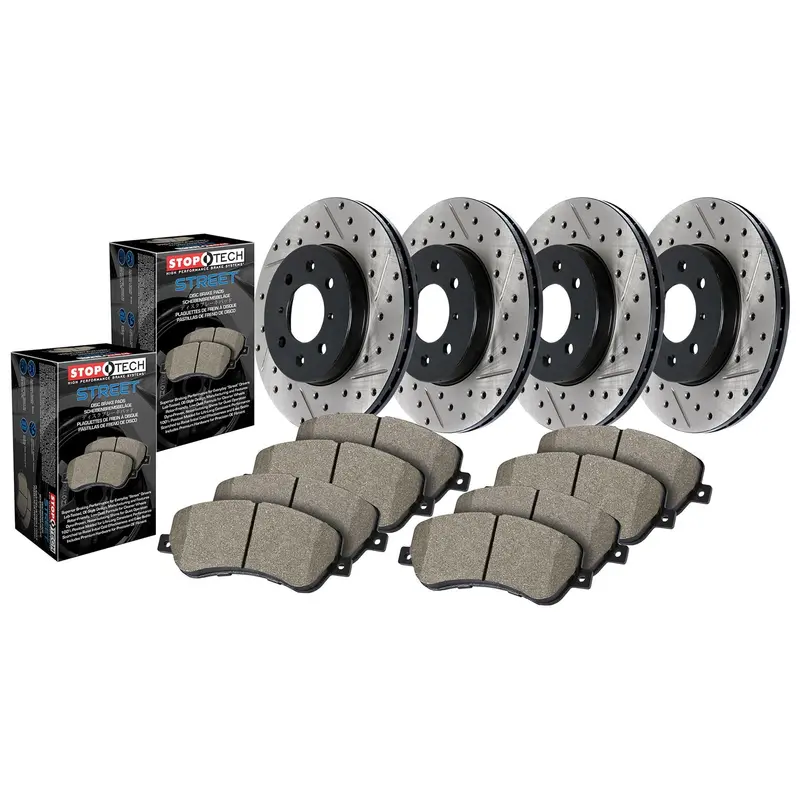 Stoptech Street Axle Brake Kit – 935.39086, Drilled & Slotted Rotors For All Four Wheels 1